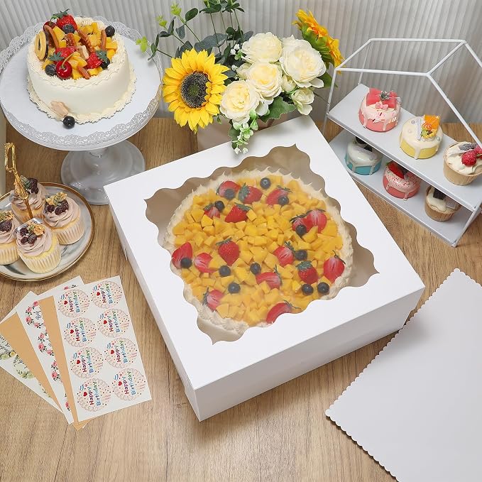 COTOPHER 14x14x6 In Sheet Cake Boxes, 16 Pcs White Bakery Boxes with Large Window (8 Boxes & 8 Boards), Cake Containers for Quarter Cakes, Donuts, Cupcakes, Brownie, Pastry & Pies Packaging