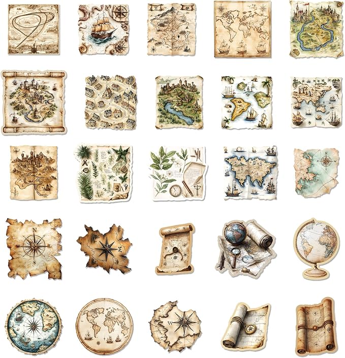 PRSTINCOL 100Pcs Vintage Sticker Pack,Cute Map Design Scrapbook Supplies, Vintage Aesthetic Junk Journal Accessories, Waterproof Vinyl Stickers for Water Bottles, Planners, Journals
