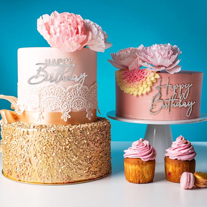 6Pcs Cake Toppers Happy Birthday Acrylic Cake Topper Happy Birthday Cake Sign Picks Happy Birthday Cake Decorations Cake Stick Decor for Celebrating Birthday Anniversary Party(Silver)