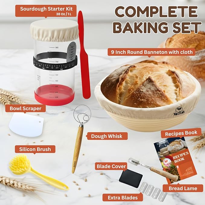 EROIR Sourdough Starter Jar Kit - 38oz Glass Jar with Date Marked Feeding Band, Thermometer, Jar Scraper, 9" Round Bread Proofing Basket, Dough Whisk, Lame, Bowl Scraper, Clean Brush, Recipes Book