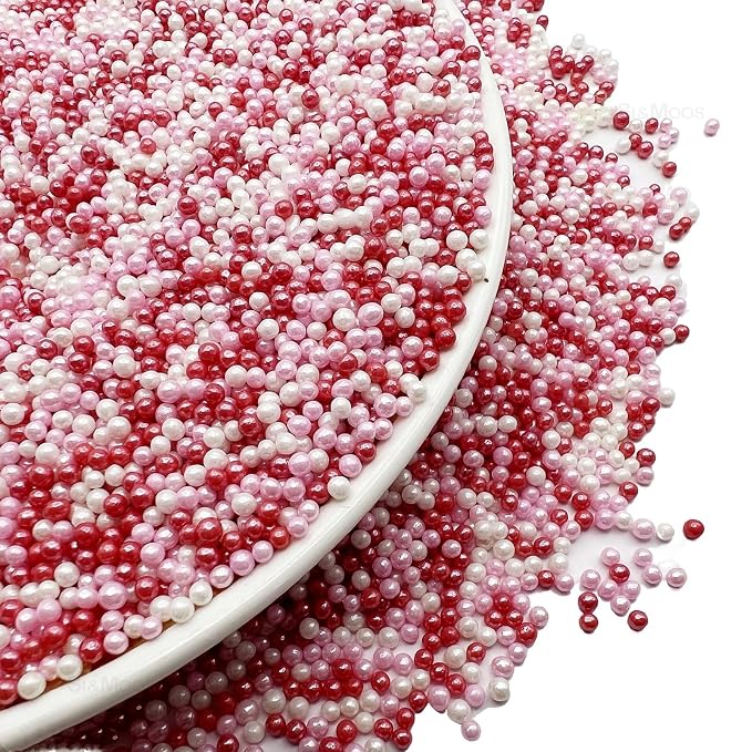 SE Si&Moos Nonpareil Sprinkles, 2mm Red Pink and White Mini Edible Pearls Red and Pink Sprinkles for Cake Decorating Valentines Cake Decorations Wedding Baby Shower Party Valentine Christmas Holiday Supplies 3.5 OZ