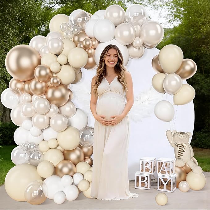 Amandir 153 Pcs White Sand Metallic Champagne Gold Balloons Arch Garland Kit, Different Sizes 18 12 10 5 Inch Pearl White Sand Clear Beige Neutral Balloons Birthday Bridal Shower Wedding Decorations