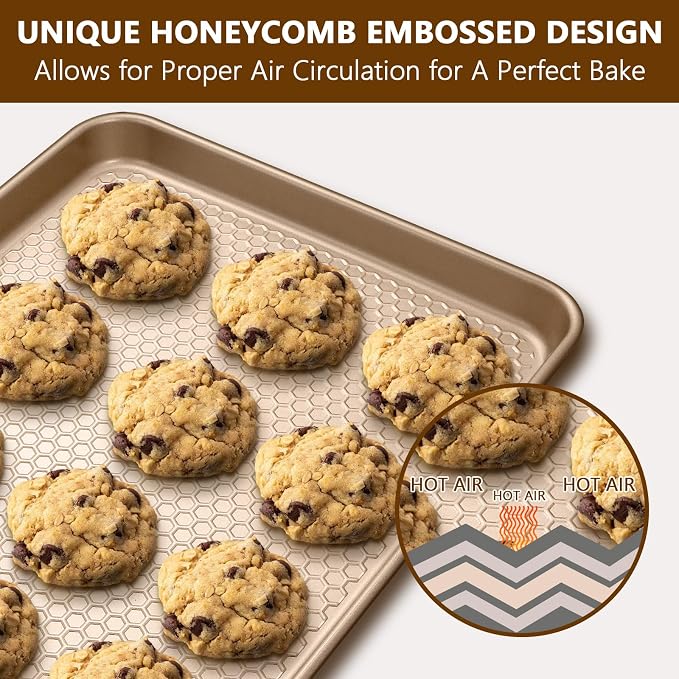 Wildone 2 Pack Half Sheet Baking Pans, Honeycomb Embossed Nonstick Baking Sheet 17.5x12 In, Thicker Carbon Steel Cookie Sheet, Even Heating & Warp Resistant, Champagne Gold