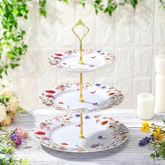 Lallisa Wildflower Party 3 Tier Dessert Stand 10,9 and 7 Ceramic Wildflower Baby Shower Tea Party Tiered Tray Cupcake Stand Display Holder Tower for Wedding Bridal Shower Decoration