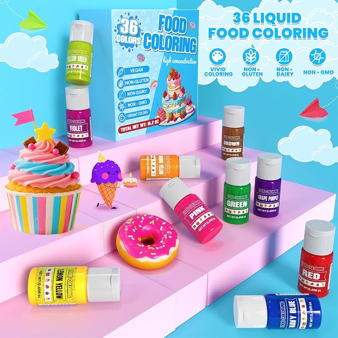 Food Coloring - 36 Colors Liquid Food Dye Set, Concentration Food Color for Cake Decorating, Baking, Easter Egg, Icing, Fondant, Cooking, Slime Making Kit and DIY Crafts - 0.45oz/Bottles