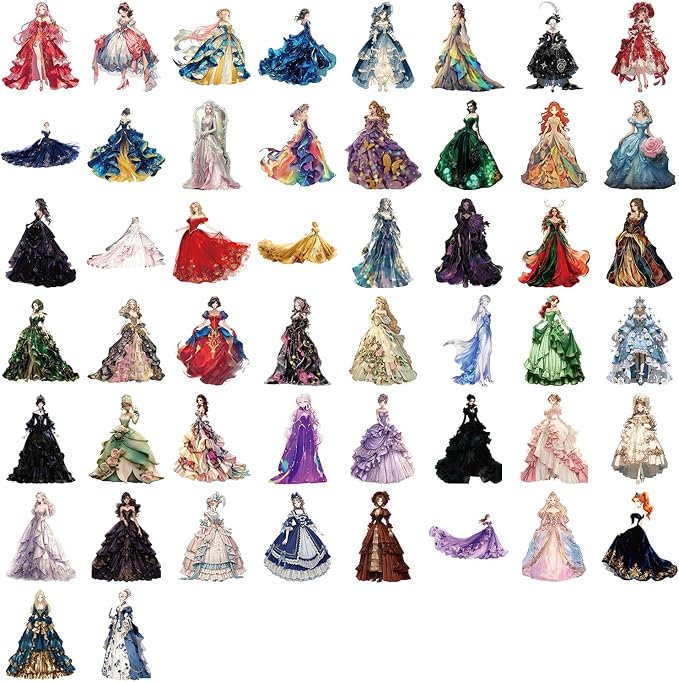 100Pcs Transparent PET Fairy Tale Princess Stickers Pack, Waterproof Vinyl Retro Watercolor Forest Fairy Decals for Skateboard Fridge Laptop Phone Luggage Princess Gown Stickers