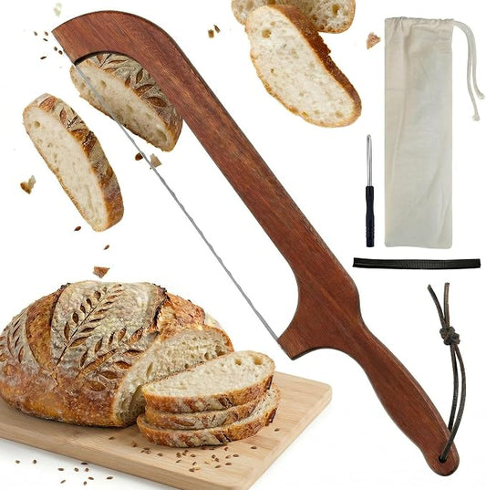 Bow Bread Knife for Homemade Sourdough, 15.7" Adjustable Stainless Steel Serrated Bread Slicer, Thickened Ergonomic Beech Wood Fiddle Bow Knife for Bagels, Baguettes and Cakes