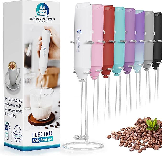 Powerful Milk Frother Handheld Foam Maker, Mini Whisk Drink Mixer for Coffee, Cappuccino, Latte, Matcha, Hot Chocolate, With Stand, White