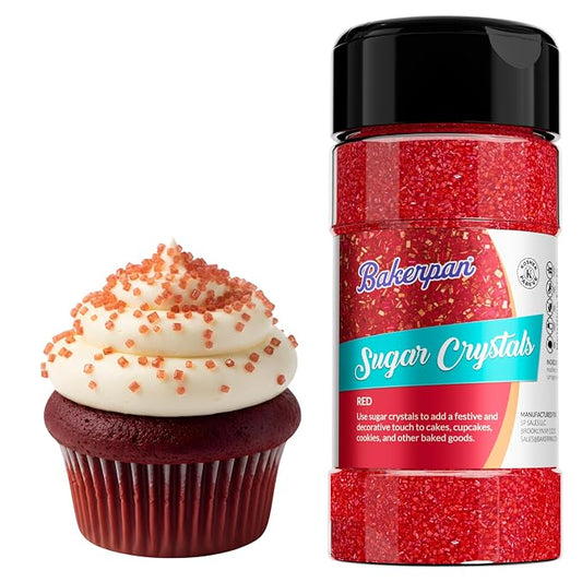 Bakerpan Red Sugar Sprinkles for Baking - 7 oz Coarse Sparkling Decorating Sugar Crystals for Baking Topping, Cookies & Cupcakes | Kosher, Gluten-Free, Made in USA