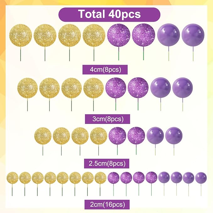 BEISHIDA 40 Pcs Ball Cake Toppers Mini Balls Cake Decorations Purple Gold Foam Balls DIY Cake Topper for Baking Congrats Grade 2026 Graduation Birthday Mardi Gras Lakers Decorations (Purple Gold)