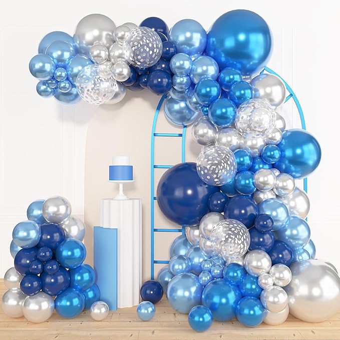 Amandir 153pcs Blue and Silver Balloon Garland Arch Kit, Different Sizes 18 12 10 5 inch Royal Navy Blue Latex Metallic Confetti Balloons for Graduation Wedding Shower Birthday Party Decorations