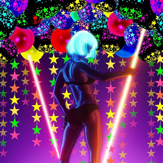Skylety 32 Pcs Glow in The Dark Party Supplies Neon Party Favors with 25 Fluorescent Balloon 6 Rolls 98.4 ft UV Blacklight Luminous Tape 14.4 ft Neon Streamer Garland for Adults(Glitter Star)