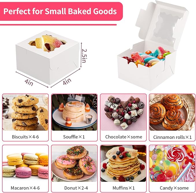 WINKIO 48pcs White Cookie Boxes, 4x4x2.5 Inches Bakery Boxes with Window, for Mini Cake Treat Dessert Pastry Donuts Macaroon Strawberries Chocolate Candy (with Stickers)