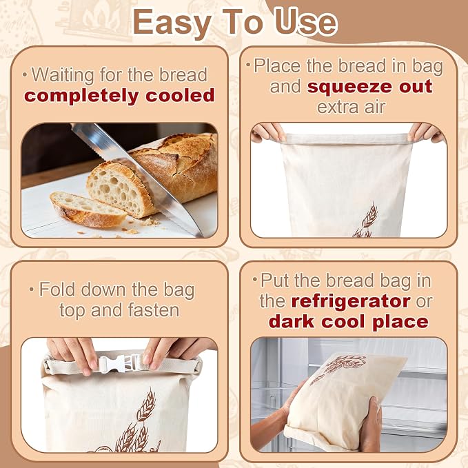 2pack Beeswax Linen Bread Bag Large Reusable Sourdough Bread Bags | 17 x 12 in, Beeswax Liner, Buckle Closure, Keep Bread Fresh, Baking Storage, Cherry Design