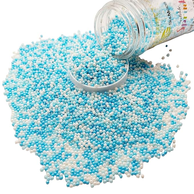 SE Si&Moos Nonpareil Sprinkles, 2mm White and Blue Mini Edible Pearls Blue and White Sprinkles for Cake Decorating Halloween Cookie Decorations Wedding Baby Shower Party Christmas Holiday Supplies 3.5 OZ
