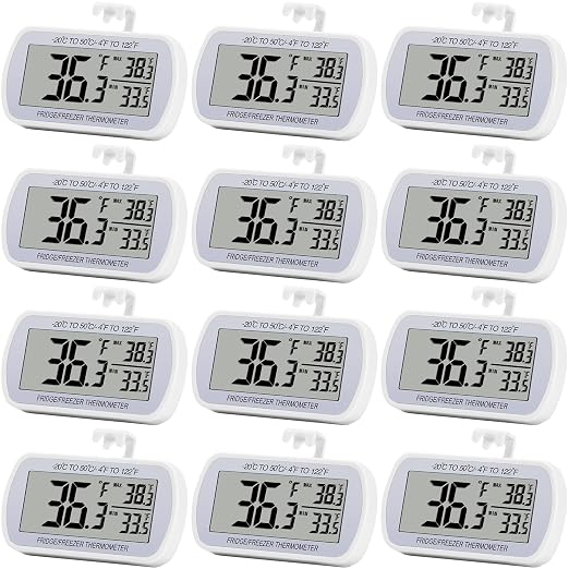 Refrigerator Thermometer Digital Fridge Freezer Room Thermometer Waterproof Large LCD Display Max/Min Record Function White (12)