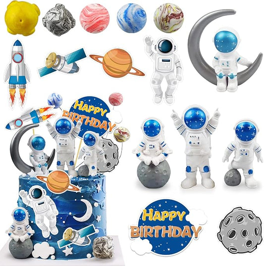Astronaut Figurines Space Cake Toppers Astronaut Planet Rocket Satellite and Star Space DIY Cake Toppers for Space Theme Party Birthday Party Baby Shower Supplies (Blue)