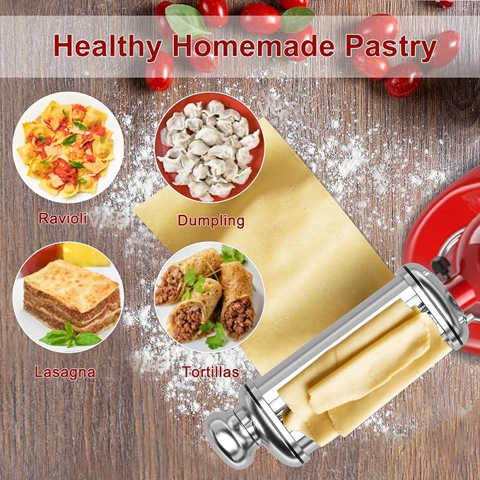 Pasta Roller for Kitchenaid Stand Mixer, Stainless Steel pasta roller attachment with 8 Adjustable Thickness Knob, Dough Pasta Roller pasta roller attachment for Raviolis Pasta