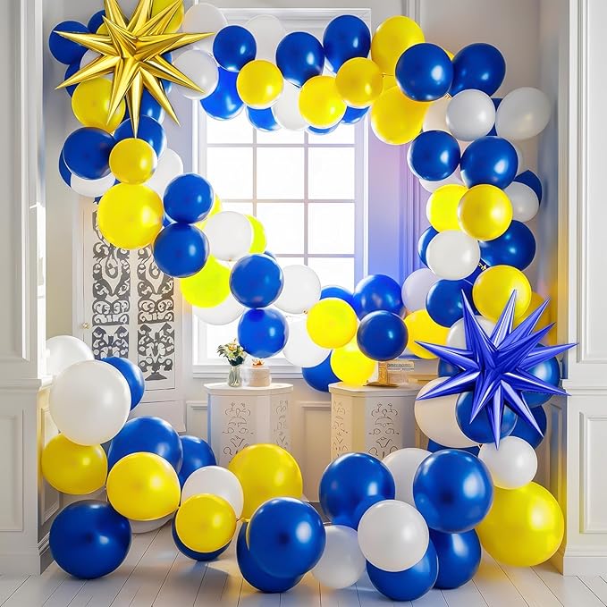 Blue Yellow Balloon Arch Kit, Royal Blue and Yellow White Balloons Garland Kit with 4D Foil Star Balloons, yellow blue Balloon for Baby Shower Anniversary Birthday Wedding Graduation Party Decoration
