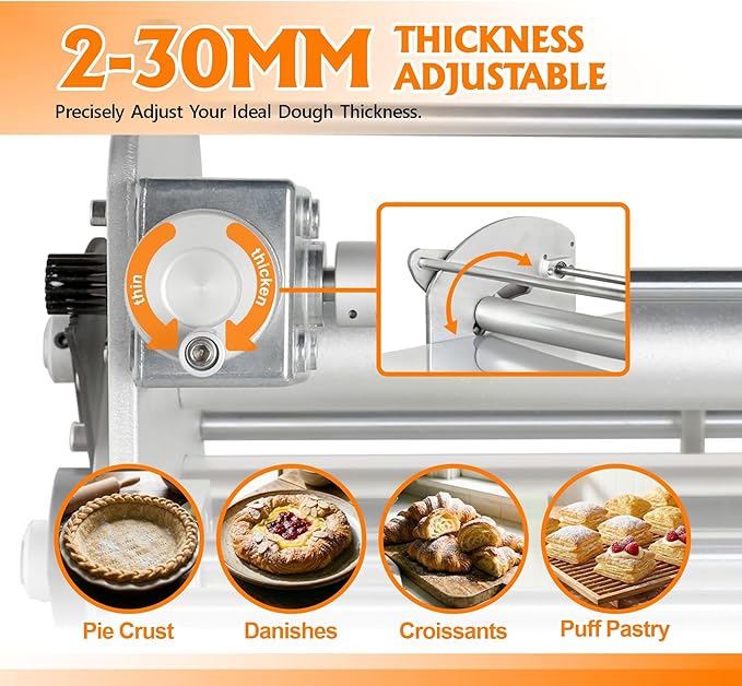 22.7'' Electric Dough Sheeter - 2-30mm Adjustable Thickness Dough Roller Machine, Stainless Steel Dough Laminator for Croissant, Pie, Puff Pastry (Home & Commercial Use) 1i3