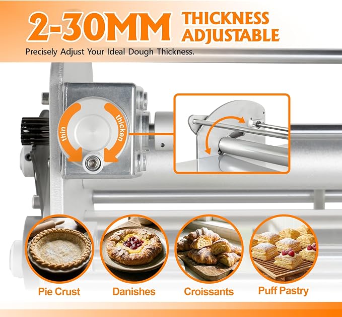 Commercial Electric Dough Sheeter - 22.7'' Foldable Dough Rolling Machine with 2-30mm Adjustable Thickness, Stainless Steel Dough Laminator for Croissant, Pie, Puff Pastry (Home & Commercial Use)