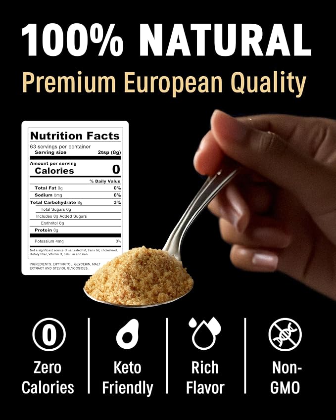 SUKRIN GOLD 100% Natural Sugar Free Brown Sugar Substitute with Erythritol & Stevia Brown Sugar Zero Calorie Sweetener, Granulated Gluten Free Non-GMO Kosher Blood Sugar Vegan Keto Friendly, 1.1LB Bag