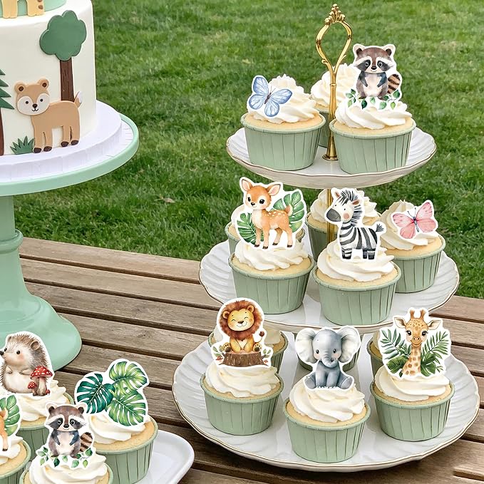 60Pcs Edible Jungle Safari Animal Cupcake Toppers Wafer Paper Green Leaf Woodland Animal Cupcake Kids Baby Shower Birthday Party Decoration Supplies