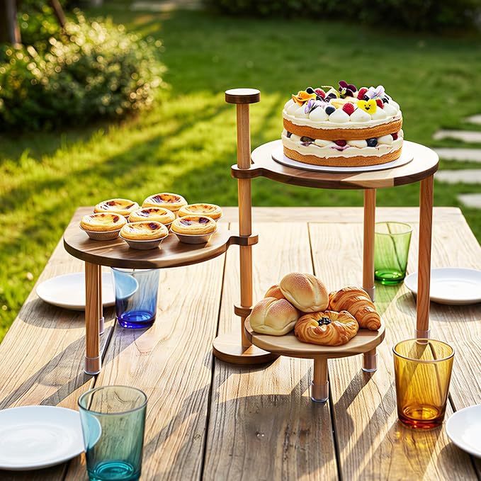 3-Tier Wooden Dessert Stand with 360° Rotation, All-Wood Acacia Cake & Cupcake Display, Round Tiered Serving Stand for Parties, Weddings & Events