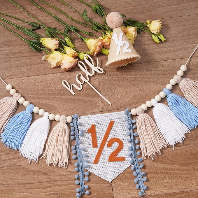CWK Half Birthday Decorations for Baby, 1/2 Birthday High Chair Banner with Cone Hat & Cake Topper, Half Way to One Party Kit, Photo Props for 6 Month Baby Birthday(Blue)