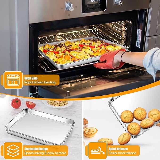 Homikit 3 Pack Baking Sheet, 9 x 13 Inches Stainless Steel Quarter Sheet Pan Set for Baking Cooking Toasting, Metal Cookie Tray Fits Toaster Oven, Non Stick & Rust Free, Dishwasher Safe