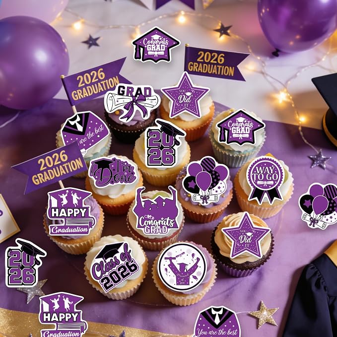 48pcs Edible 2026 Graduation Cupcake Toppers Wafer Paper Purple Class of 2026 Cake Decorations Edible Congrats Grad Cupcake Picks for 2026 Graduation Theme Party Cake Supplies