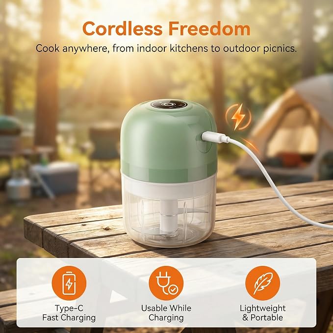 TaiWaggers Mini Electric Garlic Chopper, Dual-Cup Electric Mini Garlic Chopper,Portable Wireless Food Processor for Vegetables, Onion, Ginger, Chili, Meat – Rechargeable, Splash-Proof（Light Green）