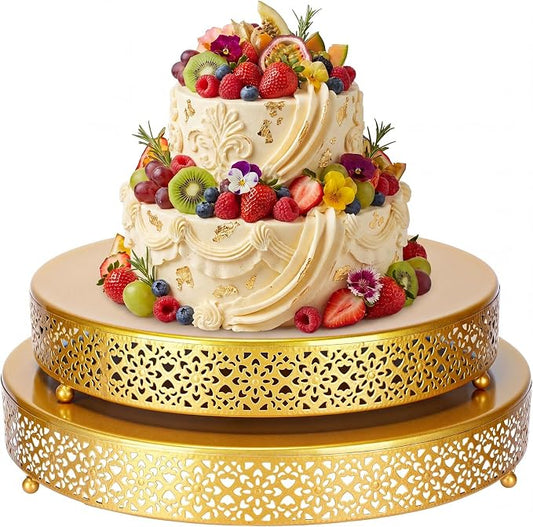 Wenqik 2 Pack Cake Stand Set, 14/16 Inch Metal Cupcake Dessert Stand Decorative Round Elegant Cake Display for Weddings Party Baby Showers Birthday Anniversary, Gold