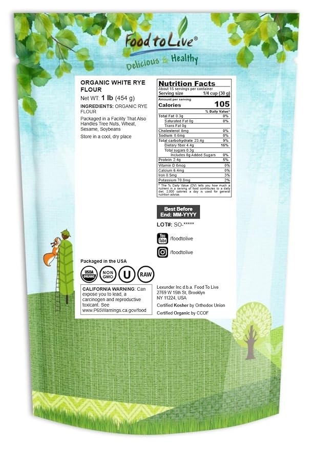 Food to Live Organic White Rye Flour, 1 Pound - Non-GMO, Unbleached, Light, Medium Protein, Vegan, Kosher, Finely Milled Berries, Great for Baking Cookies, Muffins, Bread, and Sourdough