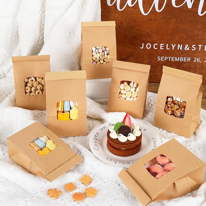Moretoes 100pcs Small Bakery Cookie Bags with Window, Brown Kraft Paper Bags for Homemade Bread Cookie, 3.5x2.2x6.7in Tin Tie Tab