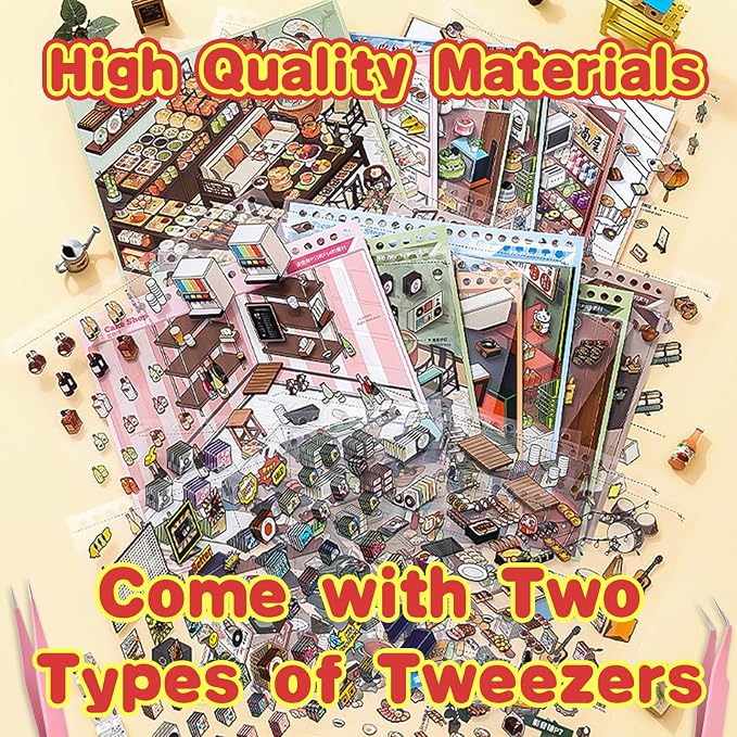 10 Sets Big DIY 3D Sticker Scene Book for Kids Adults Make Your Own Shop House Stickers with guidelines for Gifts Stickers Therapy for Adult Relief Stress Pass The Time Supermarket Bakery Toy (Store)