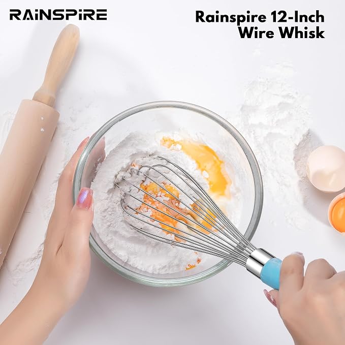Rainspire 12-Inch Wire Whisk Stainless Steel, Balloon Whisks for Cooking, Wisk Wisking Tool With Soft Silicone Handle, Thick Durable Whisker for Blending, Beating, Whisking, Stirring, Blue