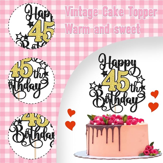 1 PCS Happy 45th Birthday Cake Topper Black Gold Glitter Cheers to 45 Years Birthday Cake Pick Hello 45 Fabulous Cake Decoration for Happy 45th Birthday Anniversary Party Decorations Supplies