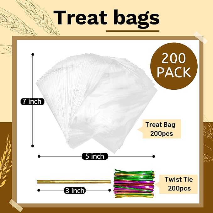 LOKQING Cellophane Bags Plastic Treat Bag Clear Cookie Candy Bags with Twist Ties for Party Favors Bag, Graduation Gift Bags(200 Pack, 5x7inch)