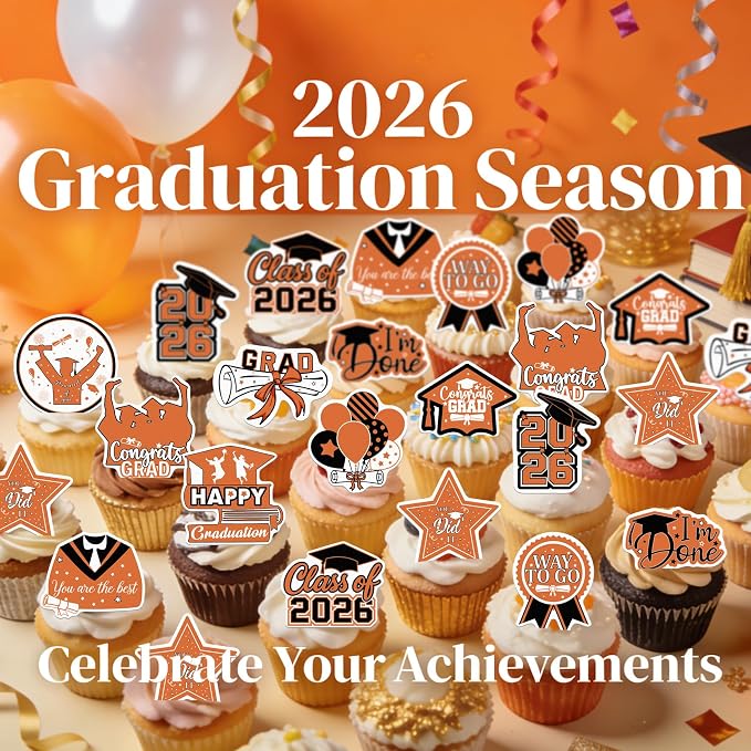 48pcs Edible 2026 Graduation Cupcake Toppers Wafer Paper Orange Class of 2026 Cake Decorations Edible Congrats Grad Cupcake Picks for 2026 Graduation Theme Party Cake Supplies