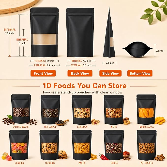 100 Pcs Black Kraft Paper Bags with Window, 5.5" x 7.9" Stand Up Pouches Bags, Food Storage Bags for Packaging Products, Reusable, Sealable