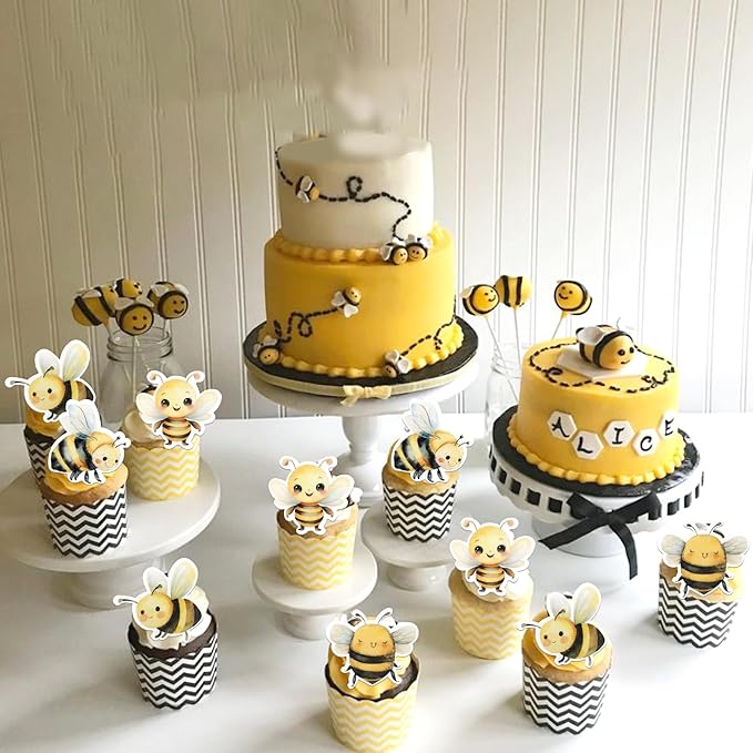 60 PCS Edible Bumble Bee Cupcake Toppers Edible Honey Bee Cupcake Picks Waper Paper Oh Babee Cupcake Decorations for Bee Theme Baby Shower Boys Girls Birthday Party Cake Food Decorations Supplies