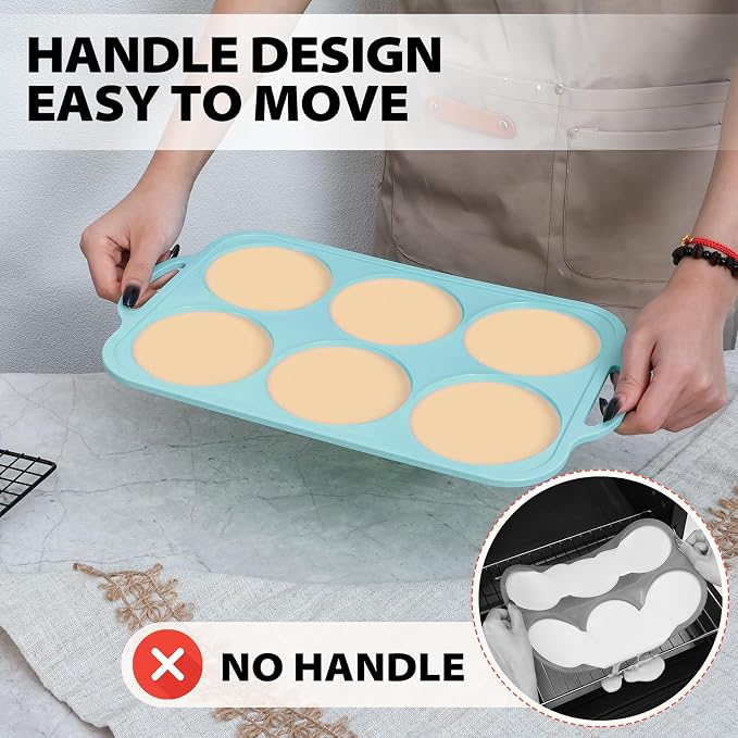 Nonstick Silicone Muffin Top Pan: 4 Inch Jumbo Silicone Egg Molds with Metal Frame for Baking Breakfast Sandwiches/English Muffins Egg Bites Hamburger Buns - for Oven Housewife (Beige& Mint Green)