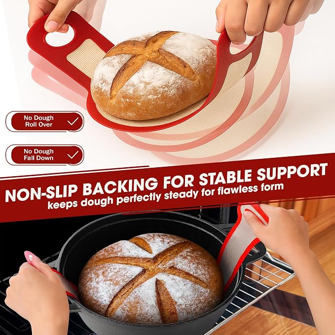 Sourdough Silicone Bread Sling for Dutch Oven, 2PCS Non-Stick Reusable Baking Mat with Long Handles, Essentials Bread Making Supplies for Dough Transfer and Loaf Pan Lifter Liner, Set Of Oval & Round