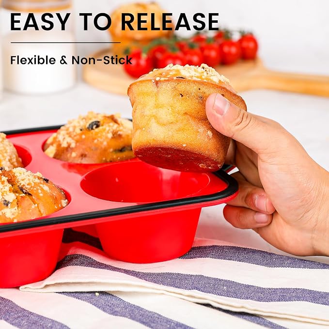 Vinino Jumbo Muffin Pan with Metal Reinforced Frame-2Pack, Silicone Cupcake Pan for Baking 6 Cup Jumbo Size, BPA Free Silicone Muffin Tray, Cupcake Baking Pan Molds for Oven Dishwasher Safe-Red