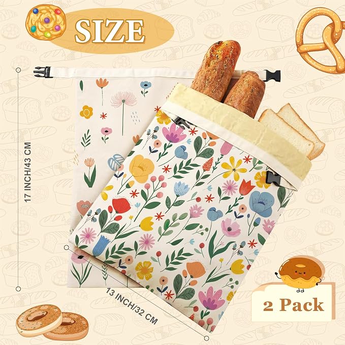 2 Pack Beeswax Bread Bags for Homemade Sourdough, 17x13 Inch Reusable Beeswax Lined Bread Bag with Buckle to Keeps Bread Freshness for Food Storage(Colorful Flowers)