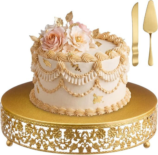 Wenqik 12 Inch Gold Cake Stand Set Metal Round Cupcake Dessert Stand with Cake Cutting, Flower Spatula Wedding Cupcake Pastry Display Candy Holder Display for Wedding Party Birthday Baby Shower
