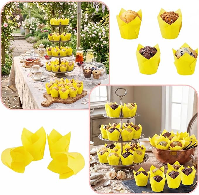 200 Pcs Yellow Tulip Cupcake Liners for Baking, Standard Size | Standard Greaseproof Tulip Muffin Liners for Baking, 3oz Yellow Paper Cupcake Wrappers for Party Wedding Birthday