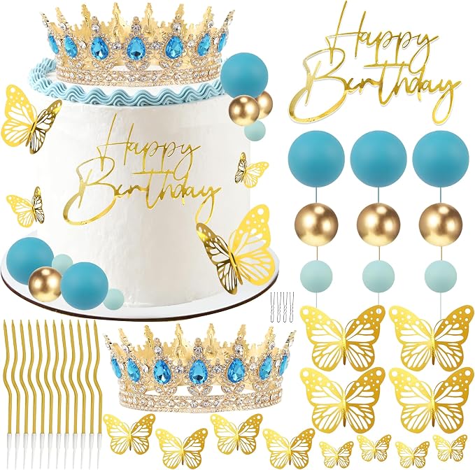 Crown Cake Topper, Blue & Gold Crown Balls Happy Birthday Cake Toppers Candles Butterfly, Corona Para Pastel, Crown Cake Decorations for Women Queen Princess Men (Gold, Lake Blue)