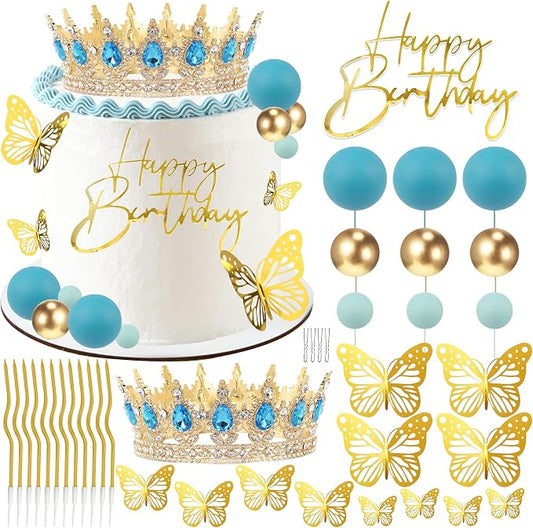 Crown Cake Topper, Blue & Gold Crown Balls Happy Birthday Cake Toppers Candles Butterfly, Corona Para Pastel, Crown Cake Decorations for Women Queen Princess Men (Gold, Lake Blue)